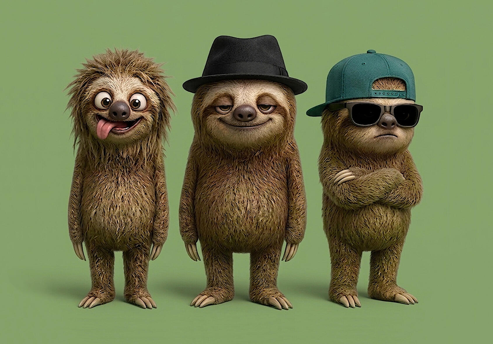 Sloth Wagon Mascots_All rights reserved Original illustration of the Sloth Wagon band mascots: Rossloth McMellow, Broslothius Yawnsworth, and Slothario Snorewell. Copyright © 2026 Sloth Wagon. All rights reserved.